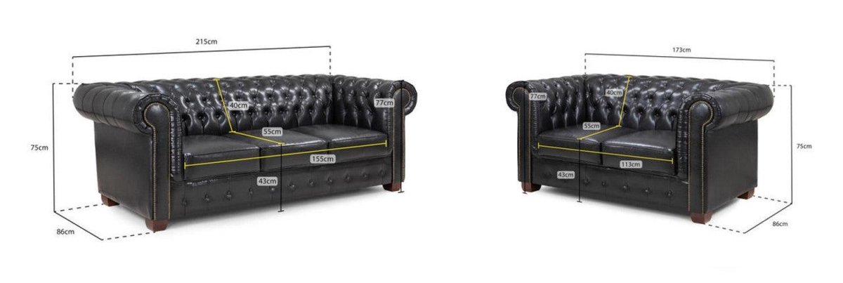 Chesterfield Leather Sofa Set - Black - Sofa Lane