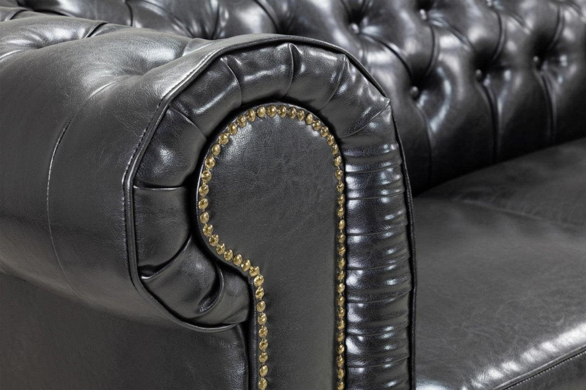 Chesterfield Leather Sofa Set - Black - Sofa Lane