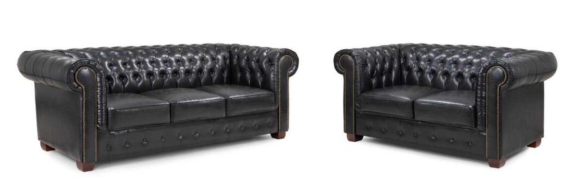 Chesterfield Leather Sofa Set - Black - Sofa Lane